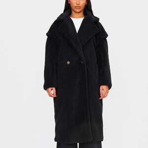 Pretty Little Thing Black Borg Teddy Bear Coat Size 10 NWT Midi Faux Fur Fuzzy